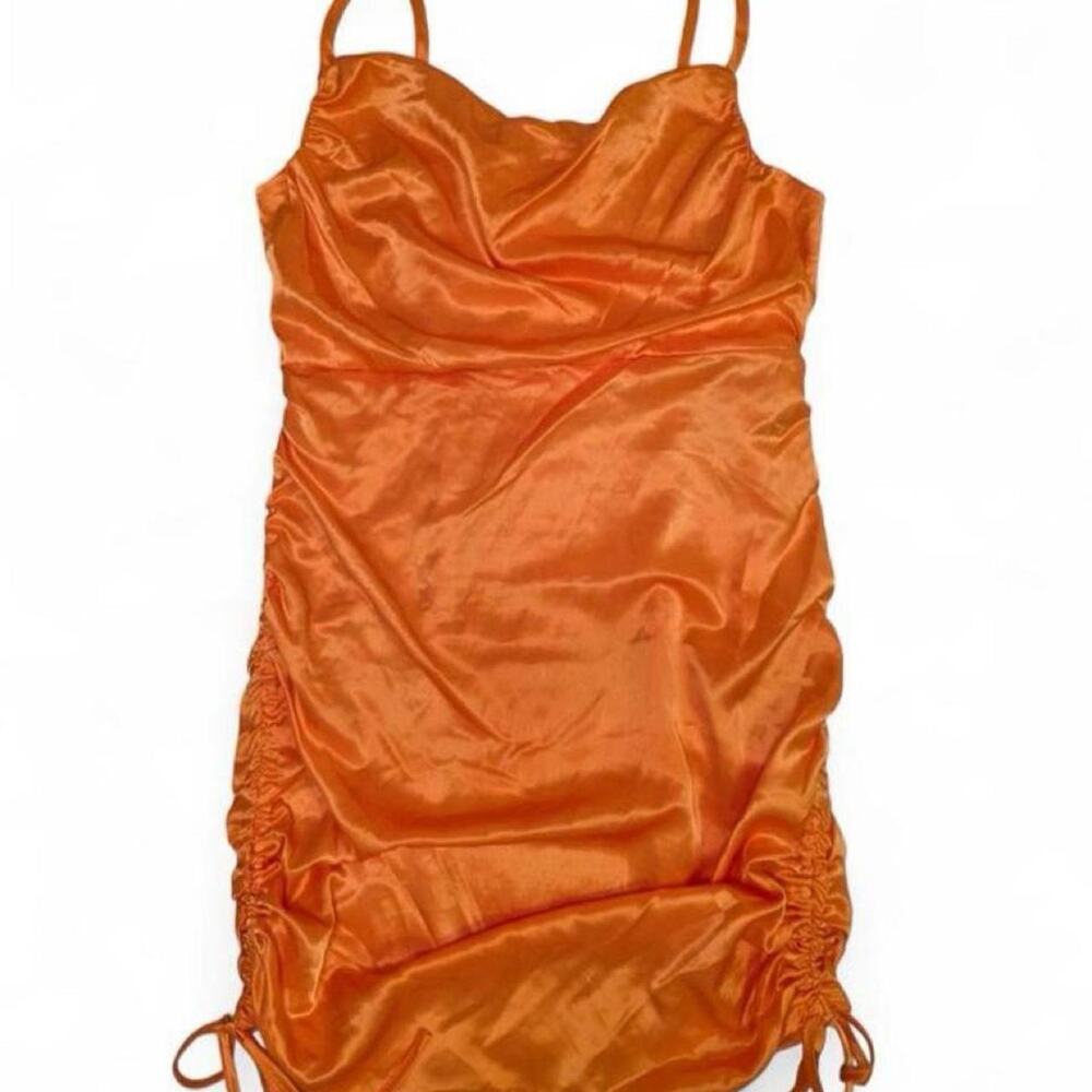 Y2K Bodycon Mini Dress Orange Satin Ruched Wild Fable Medium NWT